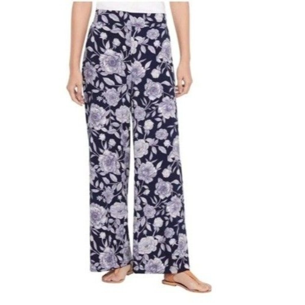 Three Dots Womens Pants Small Blue Floral Pull On Wide Leg Boho Pockets NWT